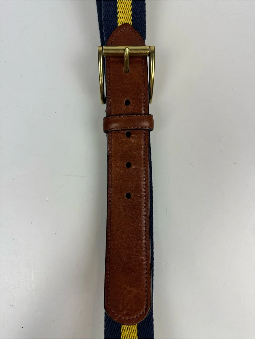 Men's Navy & Yellow Striped Belt with Brown Leather Trim